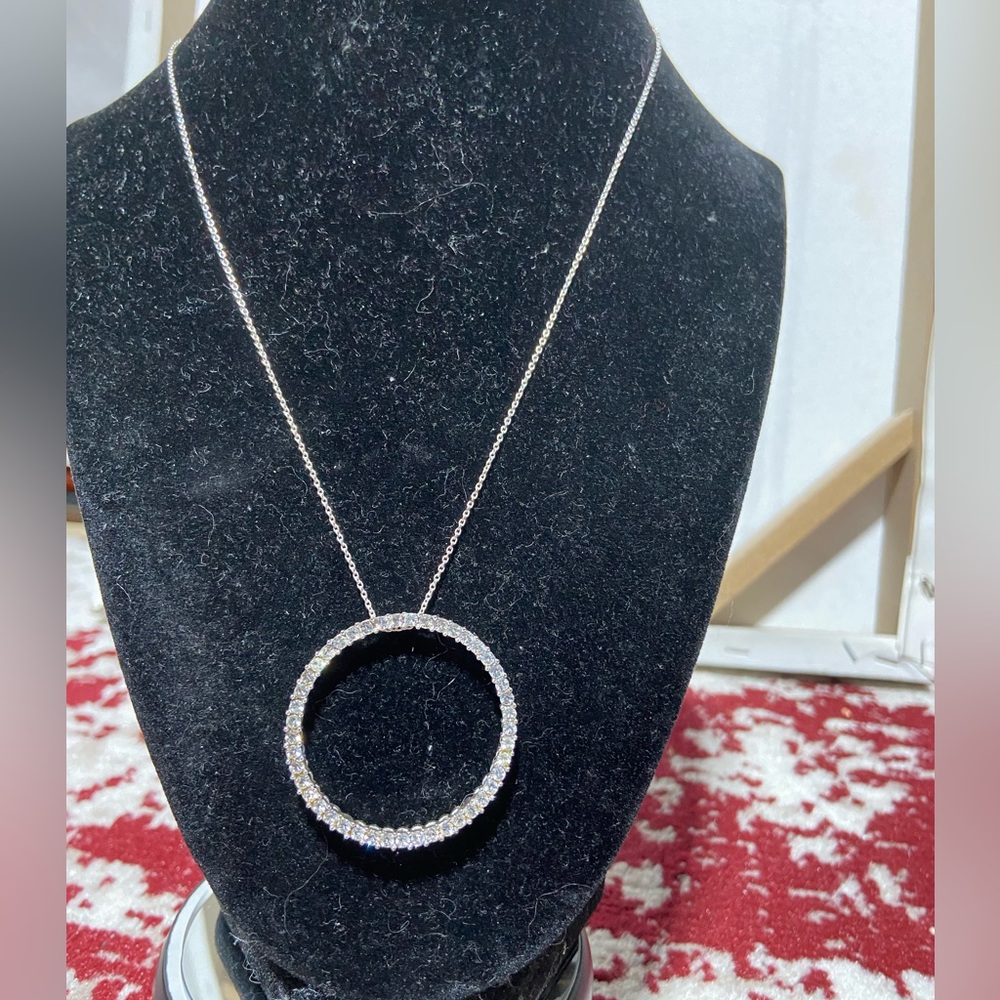 Circle Pendant Necklace Clear Pave Rhinestone Round Silver Tone
